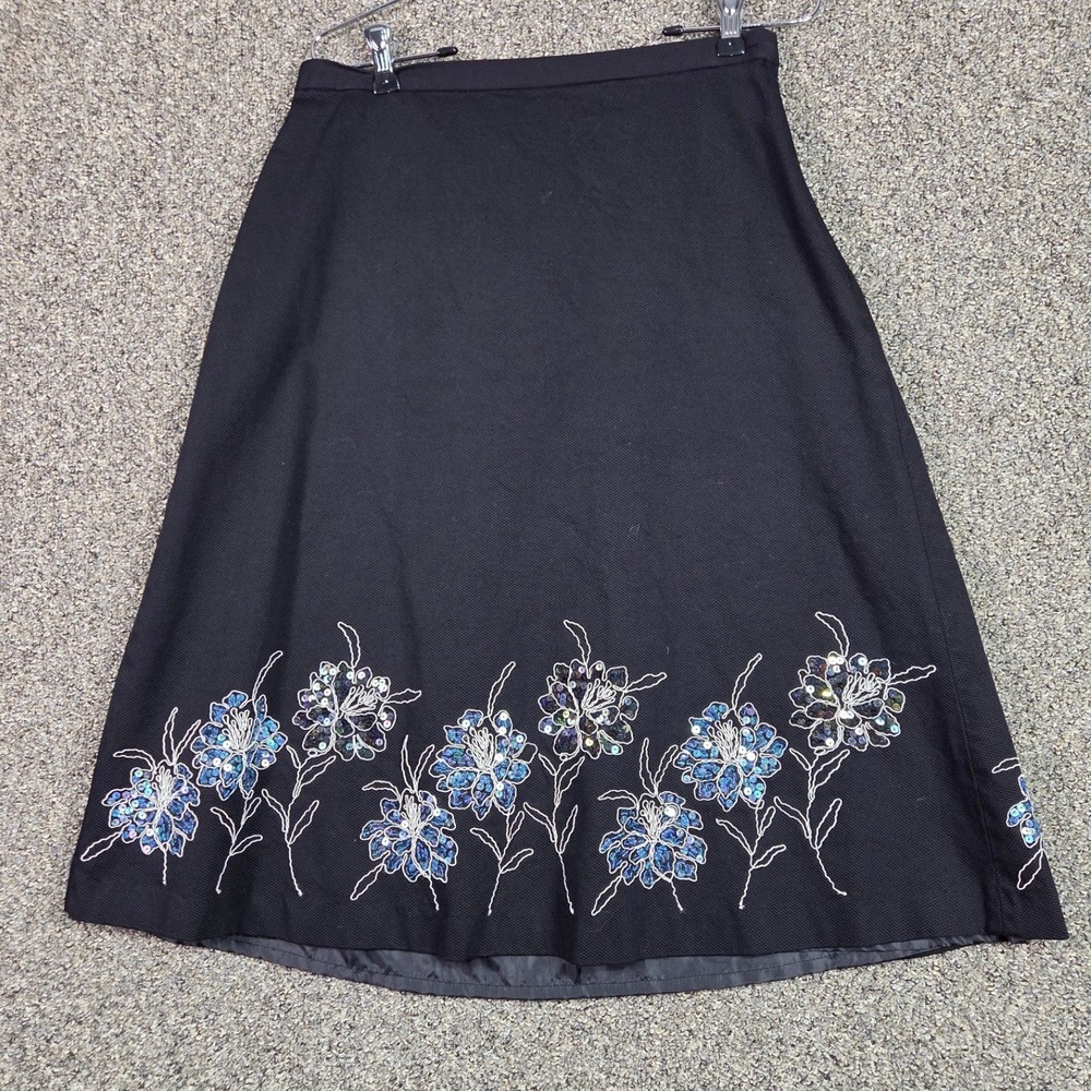 Susan Graver A-Line Midi Skirt Womens Medium Black Sequin Floral Embroidered